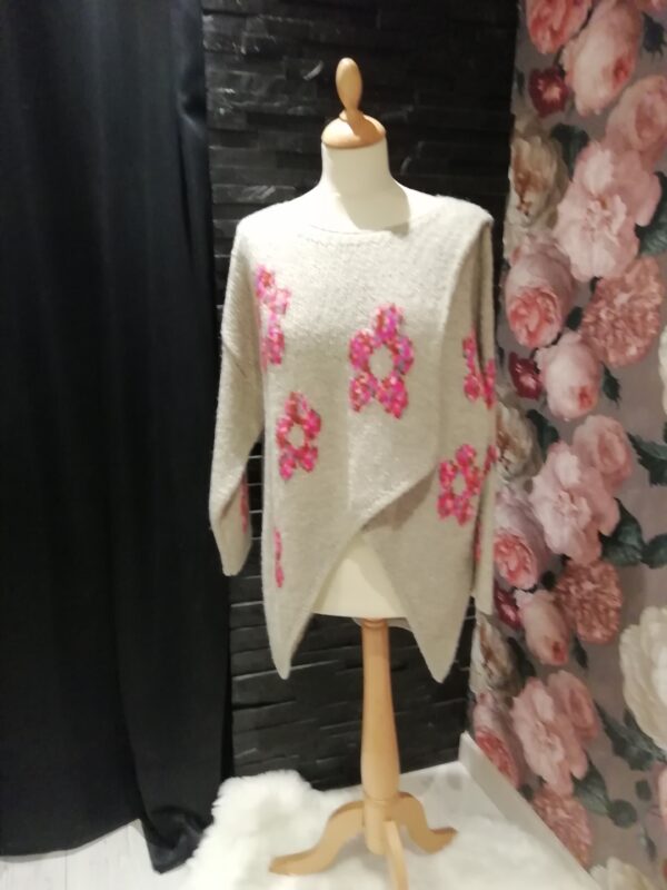 Pull beige fleur fushia